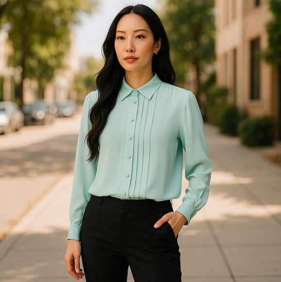 Jennifer size 12 seafoam blue long sleeve front button blouse pleated front - Picture 2 of 6